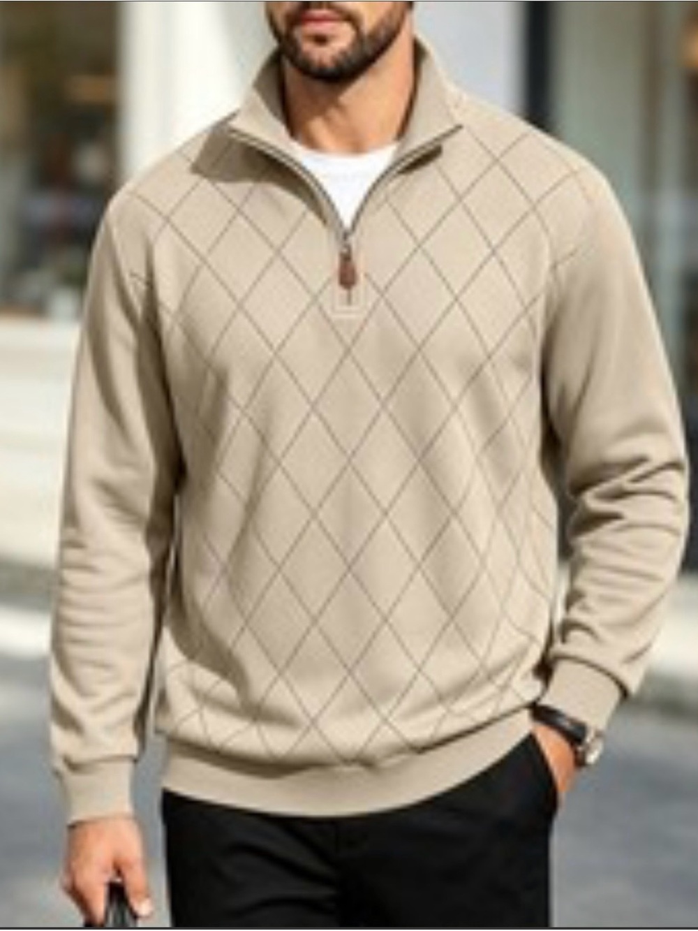 Haggar-Men's Half-Zip Argyle Sweater Pullover - Beige
Size S